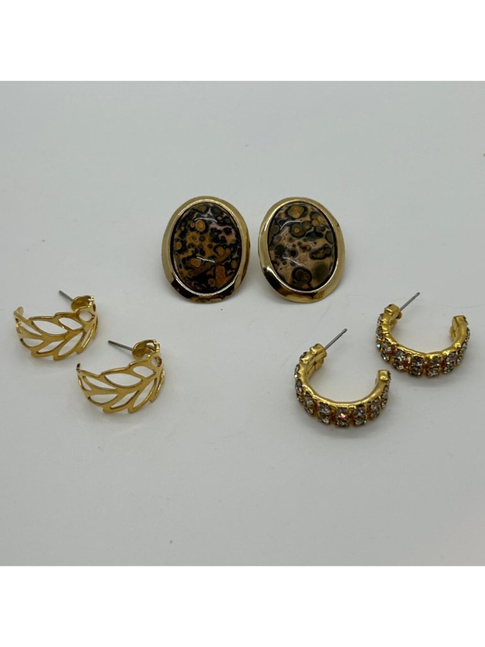 Vintage 80s Goldtone Earring Lot 3 Pairs Leaf Hoop Rhinestone Oval Acrylic Stud